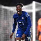 Callum Hudson-Odoi of Chelsea celebrates after scoring their side’s third (Photo by Mike Hewitt/Getty Images)