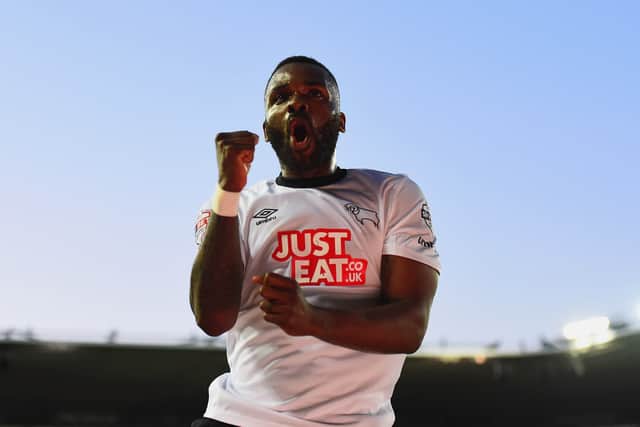 Darren Bent of Derby County celebrates as he scores their third goal during the Sky Bet  (Photo by Laurence Griffiths/Getty Images)