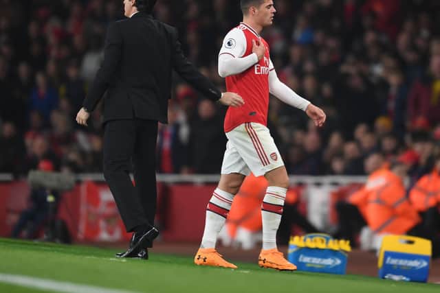 Granit Xhaka storms of the pitch during the infamous Crystal Palace match in 2019, when he was booed by Arsenal supporters. Credit: Stuart MacFarlane/Arsenal FC via Getty Images