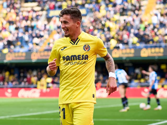 Yeremi Pino of Villarreal CF celebrates after scoring fourth third goal during the LaLiga Santander (Photo by Aitor Alcalde/Getty Images)