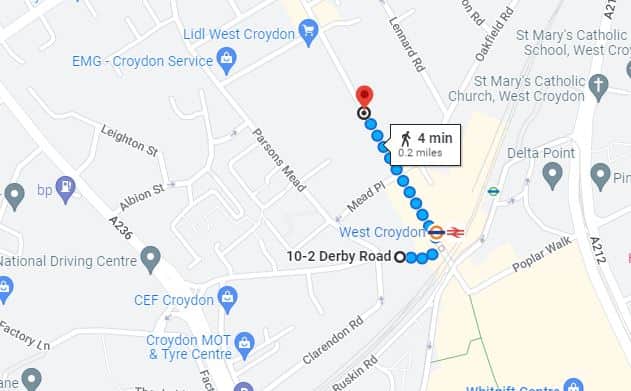 The location of the two sightings of Owami on July 7 around 12 hours apart. The first just after midnight at the West Croydon end of Derby Road - walking away from the station. The second, at 12.30pm, walking along London Road north. Credit: Google