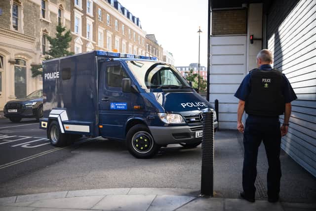 An armoured police van, believed to be carrying Aine Davis, arrives at the City of Westminster Magistrates Court. Photo: Getty