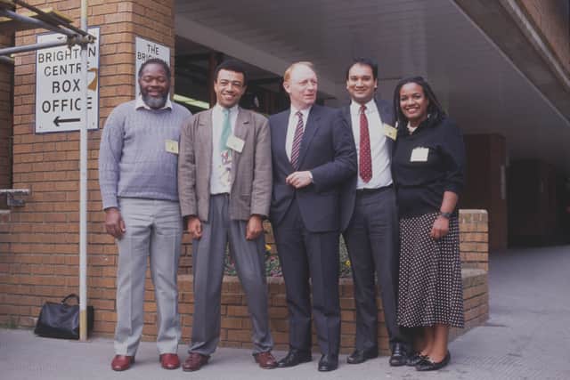 From left, Bernie Grant, Paul Boateng, Neil Kinnock, Keith Vaz and Diane Abbott. Photo by Fox Photos/Hulton Archive/Getty Images