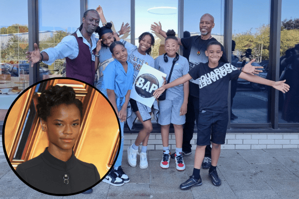 Andrew Reid, left, with drama tutor Richard Reid and children from Black Arts Productions (BAP) Theatre group. Inset, Black Panther star Letitia Wright. Photo: LondonWorld