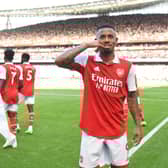 Gabriel Jesus celebrates scoring Arsenal’s second goal against Leicester City