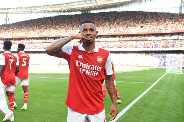 Gabriel Jesus celebrates scoring Arsenal’s second goal against Leicester City