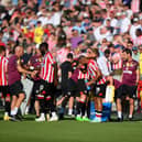 Players of Brentford FC take part in a water break during the Premier League match (Photo by Shaun Botterill/Getty Images)