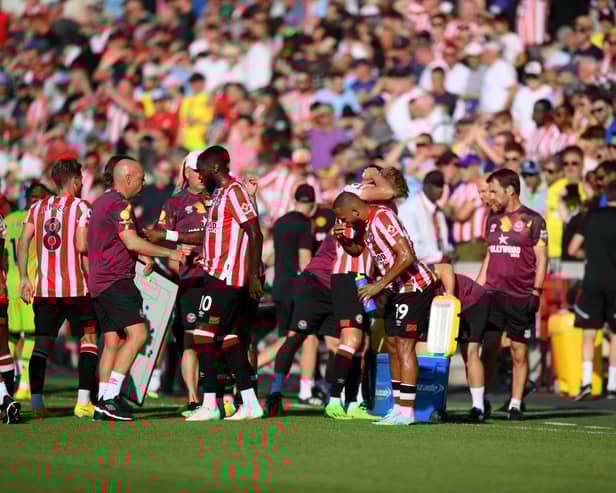 Players of Brentford FC take part in a water break during the Premier League match (Photo by Shaun Botterill/Getty Images)