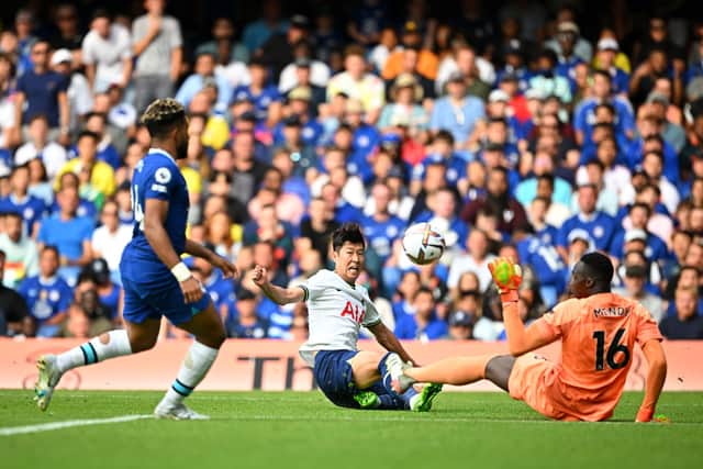 Son Heung-Min of Tottenham Hotspur is challenged by Edouard Mendy of Chelsea. Credit: Clive Mason/Getty Images