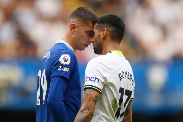 Kai Havertz of Chelsea clashes with Cristian Romero of Tottenham Hotspur. Credit: Shaun Botterill/Getty Images