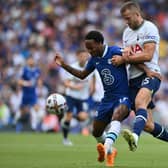 Sterling battles Eric Dier. Credit: GLYN KIRK/AFP via Getty Images