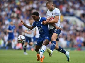 Sterling battles Eric Dier. Credit: GLYN KIRK/AFP via Getty Images
