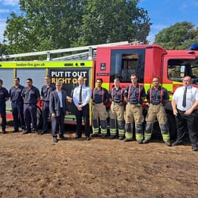 Sadiq Khan at Leyton flats with members of the London Fire Brigade. Credit: LFB