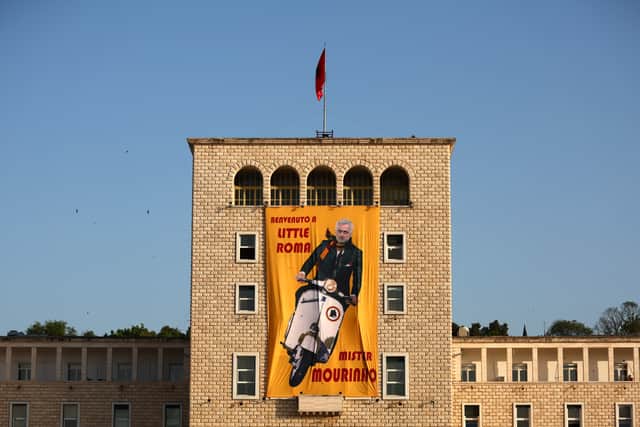 Fans of Roma display a banner of their Manager Jose Mourinho on the building of the Polytechnic University  (Photo by Alex Pantling/Getty Images)