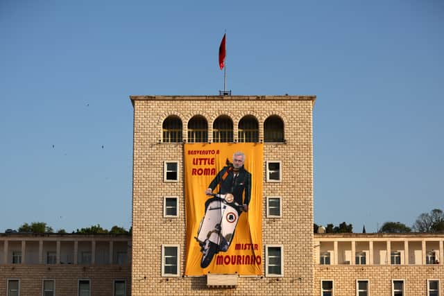 Fans of Roma display a banner of their Manager Jose Mourinho on the building of the Polytechnic University (Photo by Alex Pantling/Getty Images)