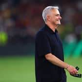 Jose Mourinho, Head Coach of AS Roma reacts following their sides victory in the UEFA Conference League (Photo by Alex Pantling/Getty Images)