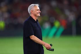 Jose Mourinho, Head Coach of AS Roma reacts following their sides victory in the UEFA Conference League (Photo by Alex Pantling/Getty Images)