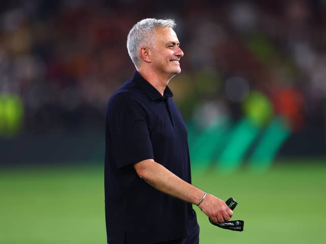 Jose Mourinho, Head Coach of AS Roma reacts following their sides victory in the UEFA Conference League (Photo by Alex Pantling/Getty Images)