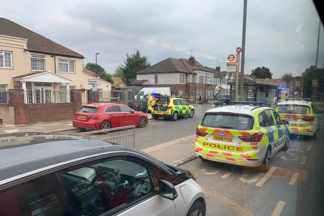 Met Police officers rushed to Cayton Road, Greenford, at 4.06pm yesterday. Photo: Ronaldo Butrus