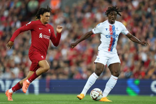 Eberechi Eze of Crystal Palace breaks past Trent Alexander-Arnold of Liverpool during the Premier (Photo by Clive Brunskill/Getty Images)
