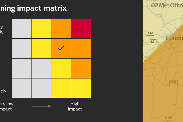 The official warning impact matrix, used by the Met Office to determine the severity of the weather in London today.