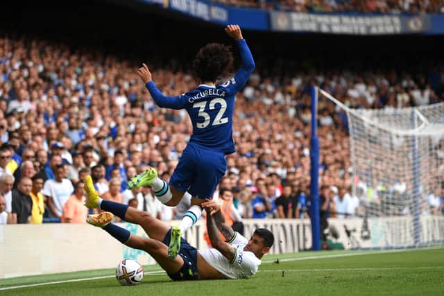 Marc Cucurella of Chelsea is challenged by Cristian Romero of Tottenham Hotspur during the Premier League match (Photo by Shaun Botterill/Getty Images)