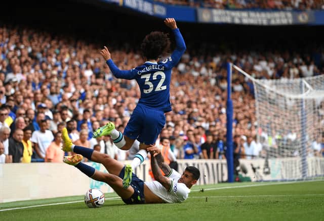 Marc Cucurella of Chelsea is challenged by Cristian Romero of Tottenham Hotspur during the Premier League match (Photo by Shaun Botterill/Getty Images)