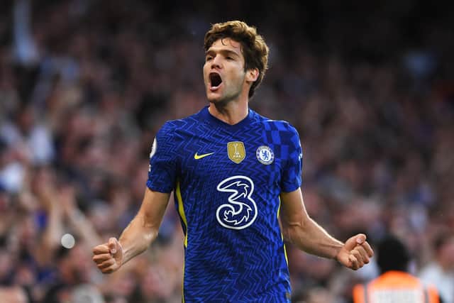 Marcos Alonso of Chelsea celebrates after scoring their sides first goal during the Premier League match  (Photo by Mike Hewitt/Getty Images)