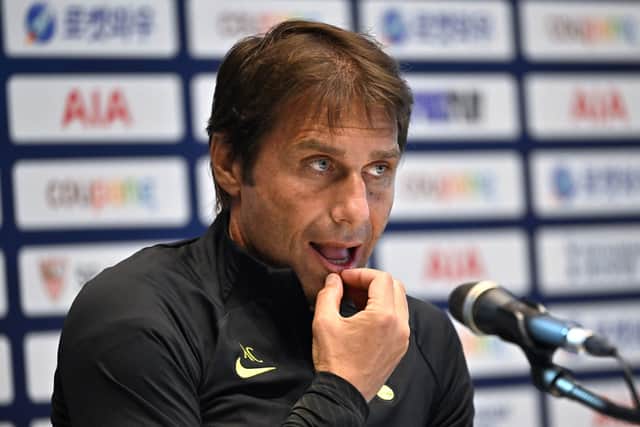 Tottenham Hotspur's head coach Antonio Conte (L) during a press conference in Seoul on July 15, 2022, ahead of the pre-season (Photo by Jung Yeon-je / AFP) (Photo by JUNG YEON-JE/AFP via Getty Images)
