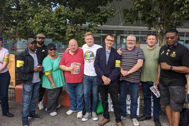 RMT assistant general secretary John Leach with rail workers at the picket line at Stratford Station