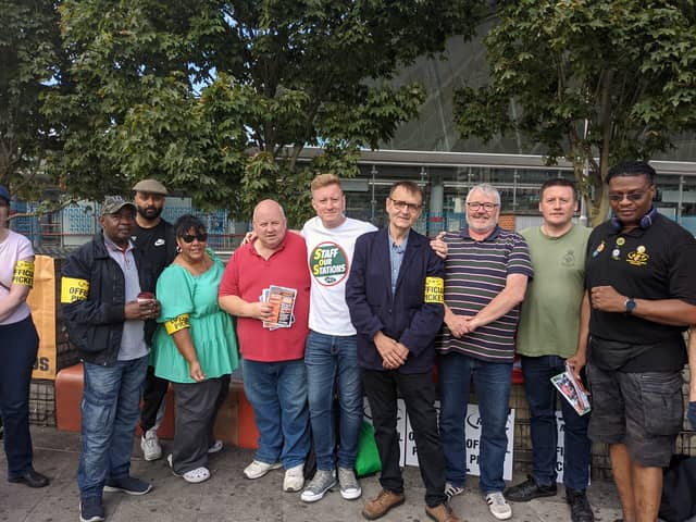 RMT assistant general secretary John Leach with rail workers at the picket line at Stratford Station