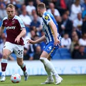 Jarrod Bowen takes on Adam Webster in the game in which West Ham United lost 3-1 to Brighton & Hove Albion in May 2022