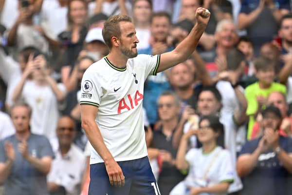 Harry Kane of Tottenham Hotspur celebrates their sides first goal during the Premier League match (Photo by Clive Mason/Getty Images)