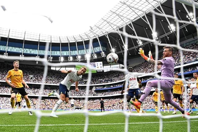 Harry Kane of Tottenham Hotspur scores their sides first goal past Jose Sa of Wolverhampton  (Photo by Clive Mason/Getty Images)