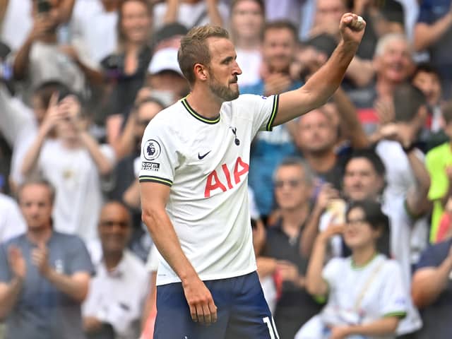 Harry Kane of Tottenham Hotspur celebrates their sides first goal during the Premier League match  (Photo by Clive Mason/Getty Images)