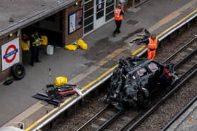 The wreckage of the Range Rover left the road and ended up on the tube tracks. Photo: Getty