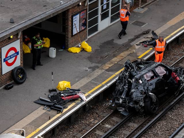 The wreckage of the Range Rover left the road and ended up on the tube tracks. Photo: Getty