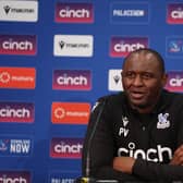 Patrick Vieira, coach of Crystal Palace speaks at a press conference after the pre-season friendly match  (Photo by Will Russell/Getty Images)