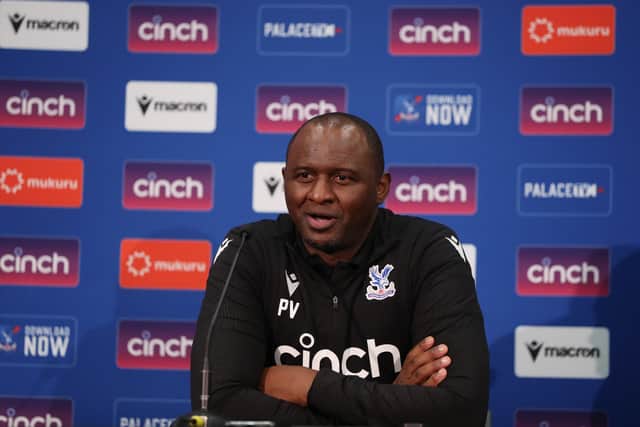 Patrick Vieira, coach of Crystal Palace speaks at a press conference after the Pre-Season friendly match (Photo by Will Russell/Getty Images)