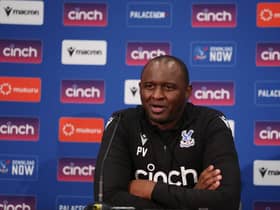 Patrick Vieira, coach of Crystal Palace speaks at a press conference after the pre-season friendly match  (Photo by Will Russell/Getty Images)