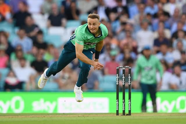Tom Curran of Oval Invincibles bowls during the Hundred Match between Oval Invincibles Men and Birmingham Phoenix at The Kia Oval on August 23, 2022 in London, England. (Photo by Alex Davidson/Getty Images)