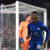 Callum Hudson-Odoi of Chelsea celebrates after scoring. (Photo by Mike Hewitt/Getty Images)