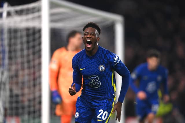 Callum Hudson-Odoi of Chelsea celebrates after scoring their side’s third  (Photo by Mike Hewitt/Getty Images)