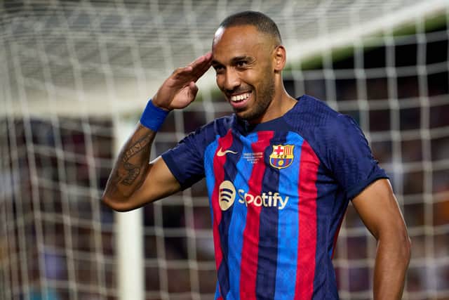 Pierre-Emerick Aubameyang of FC Barcelona celebrates after scoring his team’s fifth goal . (Photo by Alex Caparros/Getty Images)