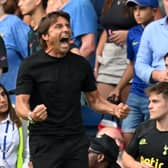 Tottenham Hotspur’s Italian head coach Antonio Conte celebrates on the final whistle in the English Premier League football match  (Photo by GLYN KIRK/AFP via Getty Images)