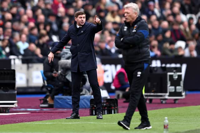 Aston Villa manager Steven Gerrard shouts instructions to his players as they faced David Moyes’ West Ham United last season