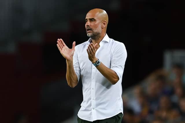 Pep Guardiola, Manager of Manchester City FC reacts during the friendly match (Photo by David Ramos/Getty Images)
