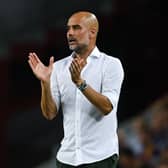 Pep Guardiola, Manager of Manchester City FC reacts during the friendly match between FC Barcelona . (Photo by David Ramos/Getty Images)