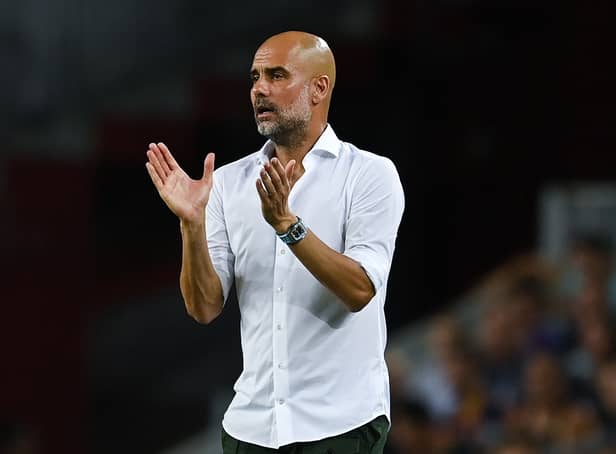 <p>Pep Guardiola, Manager of Manchester City FC reacts during the friendly match between FC Barcelona . (Photo by David Ramos/Getty Images)</p>