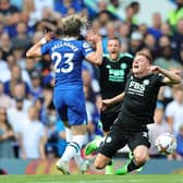 Conor Gallagher of Chelsea fouls Harvey Barnes of Leicester City which later results in a red card  (Photo by David Rogers/Getty Images)